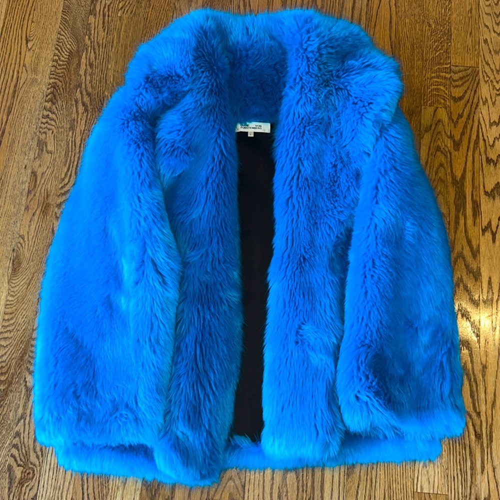 Teal Blue Diane von Furstenberg Faux Fur Coat USED (but practically new) Size L
